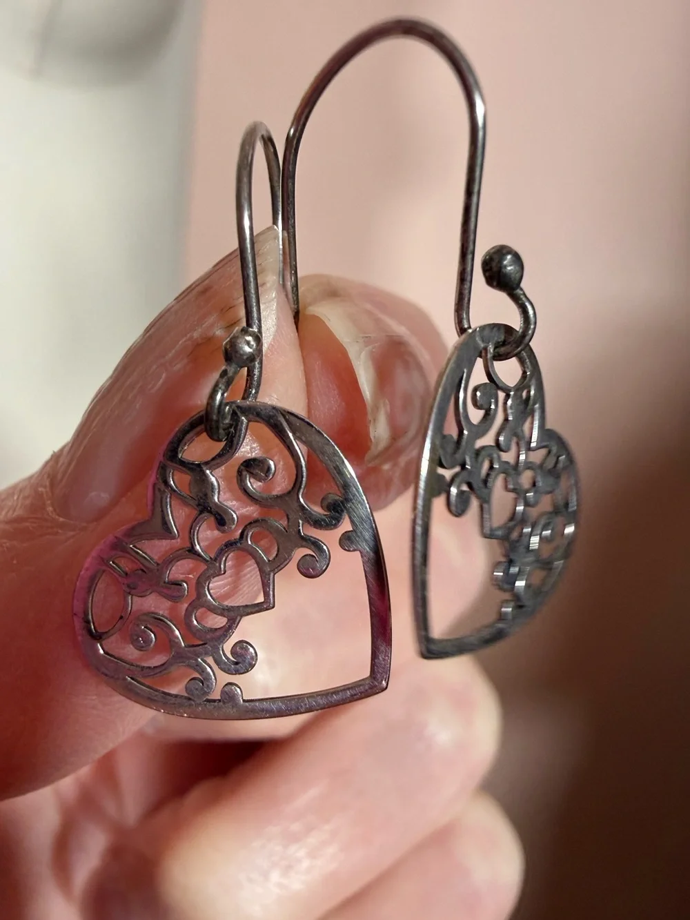 Vintage sterling silver Mexico ATI Filagree southwestern heart Dangle earrings